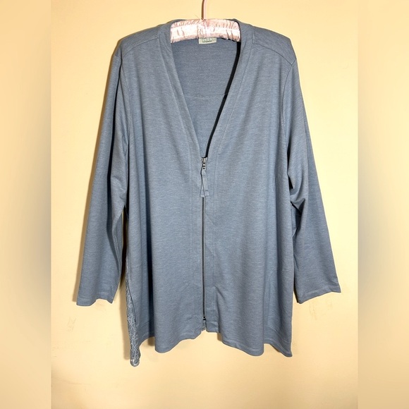 LOGO by Lori Goldstein Tops - LORI GOLDSTEIN Logo Loungewear Zip-Up Light Blue Cardigan Top w/Lace Back Sz. 1X